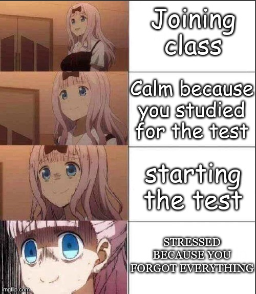 School Test | Joining class; Calm because you studied for the test; starting the test; STRESSED BECAUSE YOU FORGOT EVERYTHING | image tagged in increasingly anxious chicka,nervous,school | made w/ Imgflip meme maker