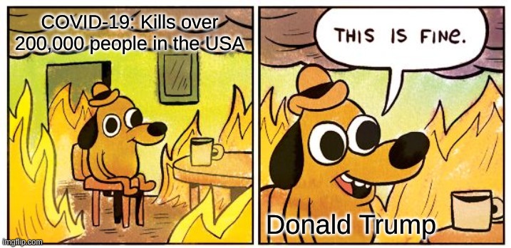 can we vote this dude out? | COVID-19: Kills over 200,000 people in the USA; Donald Trump | image tagged in memes,this is fine | made w/ Imgflip meme maker