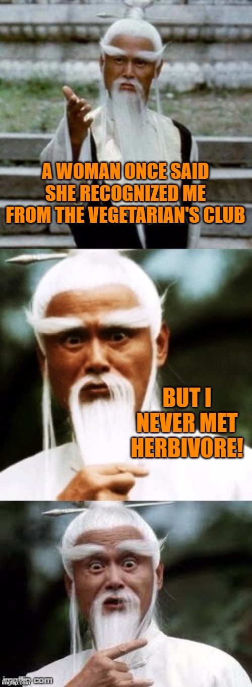 OK Google tell me a bad joke... | A WOMAN ONCE SAID SHE RECOGNIZED ME FROM THE VEGETARIAN'S CLUB; BUT I NEVER MET HERBIVORE! | image tagged in bad pun chinese man,memes,google assistant,vegetarians,herbivore | made w/ Imgflip meme maker