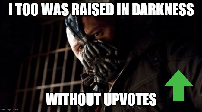 Gotta hear it in his voice | I TOO WAS RAISED IN DARKNESS; WITHOUT UPVOTES | image tagged in memes,permission bane,upvote begging,darkness | made w/ Imgflip meme maker