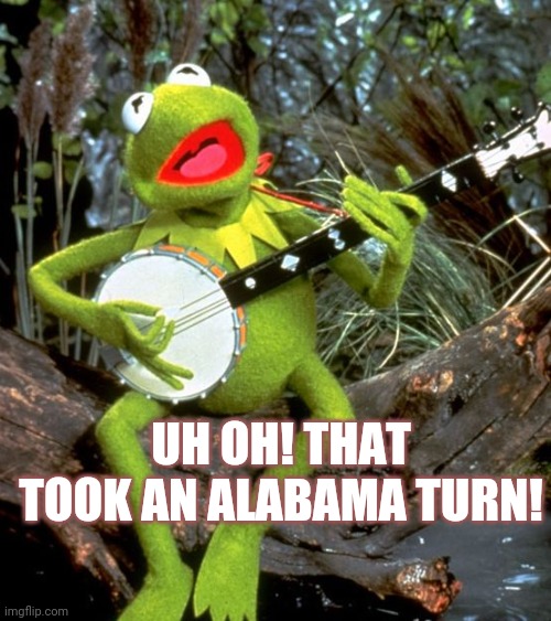 Kermit Banjo | UH OH! THAT TOOK AN ALABAMA TURN! | image tagged in kermit banjo | made w/ Imgflip meme maker