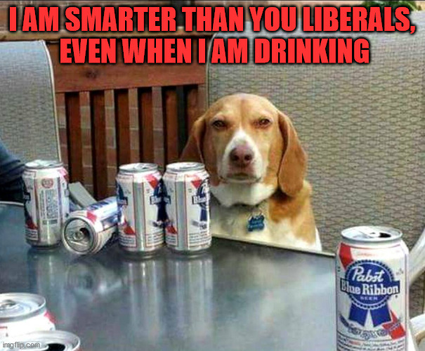 beer dog | I AM SMARTER THAN YOU LIBERALS, 
EVEN WHEN I AM DRINKING | image tagged in beer dog | made w/ Imgflip meme maker