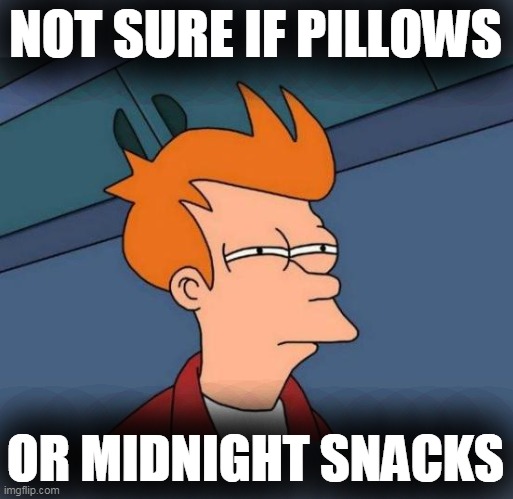Futurama Fry Meme | NOT SURE IF PILLOWS OR MIDNIGHT SNACKS | image tagged in memes,futurama fry | made w/ Imgflip meme maker