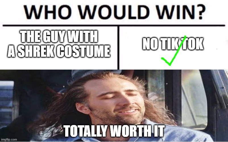 this totally worth my time | THE GUY WITH A SHREK COSTUME; NO TIK TOK; TOTALLY WORTH IT | image tagged in who would win,apple | made w/ Imgflip meme maker