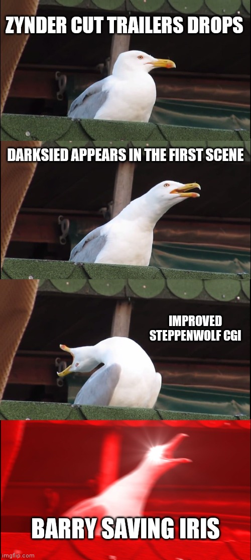 Zynder Cut | ZYNDER CUT TRAILERS DROPS; DARKSIED APPEARS IN THE FIRST SCENE; IMPROVED STEPPENWOLF CGI; BARRY SAVING IRIS | image tagged in memes,inhaling seagull | made w/ Imgflip meme maker
