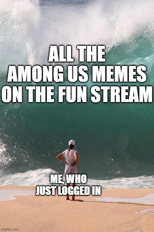 in short, i'm confused. had to google it. | ALL THE AMONG US MEMES ON THE FUN STREAM; ME, WHO JUST LOGGED IN | image tagged in tidal wave girl | made w/ Imgflip meme maker