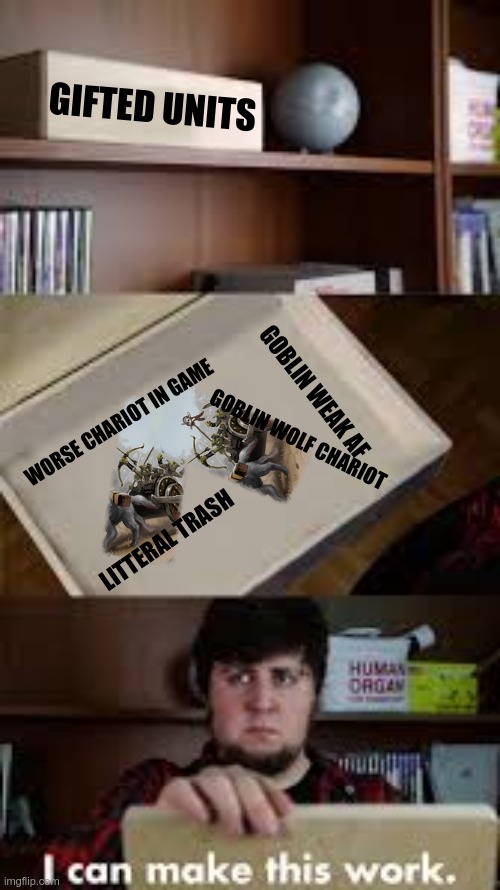 Warhammer units | GIFTED UNITS; GOBLIN WEAK AF; GOBLIN WOLF CHARIOT; WORSE CHARIOT IN GAME; LITTERAL TRASH | image tagged in total war,warhammer,goblin | made w/ Imgflip meme maker