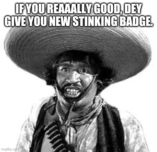 Badges we dont need no stinking badges | IF YOU REAAALLY GOOD, DEY GIVE YOU NEW STINKING BADGE. | image tagged in badges we dont need no stinking badges | made w/ Imgflip meme maker