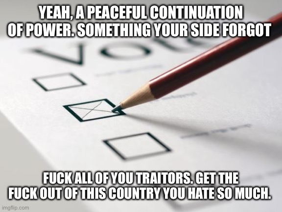 Voting Ballot | YEAH, A PEACEFUL CONTINUATION OF POWER. SOMETHING YOUR SIDE FORGOT FUCK ALL OF YOU TRAITORS. GET THE FUCK OUT OF THIS COUNTRY YOU HATE SO MU | image tagged in voting ballot | made w/ Imgflip meme maker