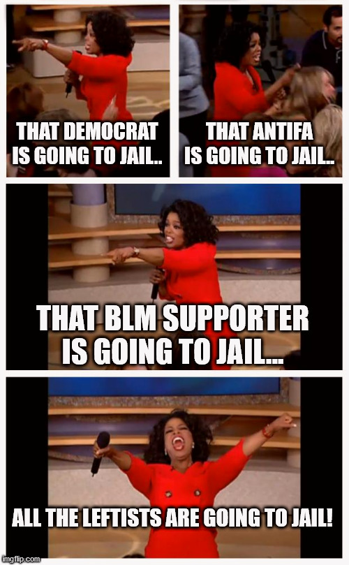 Democrats are going to jail! | THAT DEMOCRAT IS GOING TO JAIL.. THAT ANTIFA IS GOING TO JAIL.. THAT BLM SUPPORTER IS GOING TO JAIL... ALL THE LEFTISTS ARE GOING TO JAIL! | image tagged in trump,biden,democrats,election 2020 | made w/ Imgflip meme maker