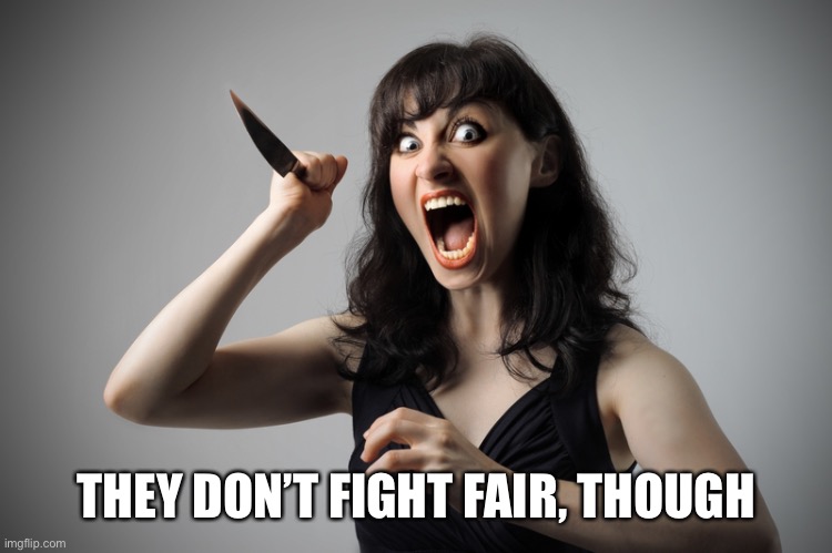 Angry woman | THEY DON’T FIGHT FAIR, THOUGH | image tagged in angry woman | made w/ Imgflip meme maker