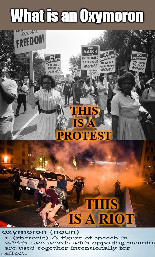 Angry Protest, or Peaceful RIOT....an Oxymoron | What is an Oxymoron | image tagged in oxymoron,peaceful protest,riot,antifa,defund police | made w/ Imgflip meme maker