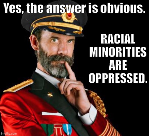 Isn’t it obvious why white conservatives wouldn’t want to become racial minorities? | Yes, the answer is obvious. RACIAL MINORITIES ARE OPPRESSED. | image tagged in captain obvious reversed | made w/ Imgflip meme maker