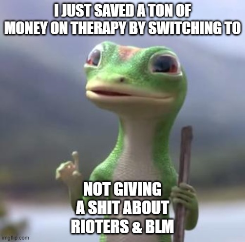 Gecko | I JUST SAVED A TON OF MONEY ON THERAPY BY SWITCHING TO; NOT GIVING A SHIT ABOUT RIOTERS & BLM | image tagged in geico gecko,patriotism,patriots,freedom | made w/ Imgflip meme maker