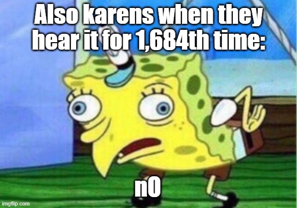 Mocking Spongebob Meme | Also karens when they hear it for 1,684th time: nO | image tagged in memes,mocking spongebob | made w/ Imgflip meme maker