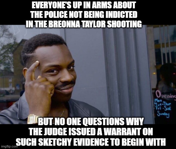 Hell, the Judges on Law and Order are Smarter | EVERYONE'S UP IN ARMS ABOUT THE POLICE NOT BEING INDICTED IN THE BREONNA TAYLOR SHOOTING; BUT NO ONE QUESTIONS WHY THE JUDGE ISSUED A WARRANT ON SUCH SKETCHY EVIDENCE TO BEGIN WITH | image tagged in memes,roll safe think about it | made w/ Imgflip meme maker