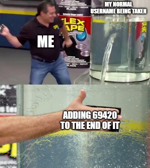 Flex Tape | MY NORMAL USERNAME BEING TAKEN; ME; ADDING 69420 TO THE END OF IT | image tagged in flex tape,anonymous | made w/ Imgflip meme maker