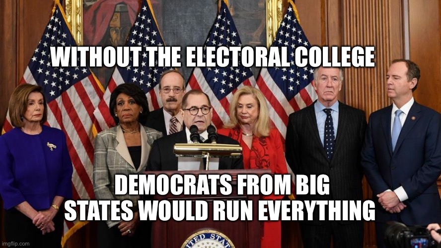 President Trump re-election committee | WITHOUT THE ELECTORAL COLLEGE; DEMOCRATS FROM BIG STATES WOULD RUN EVERYTHING | image tagged in house democrats,electoral college,democracy | made w/ Imgflip meme maker