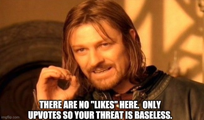 One Does Not Simply Meme | THERE ARE NO "LIKES" HERE.  ONLY UPVOTES SO YOUR THREAT IS BASELESS. | image tagged in memes,one does not simply | made w/ Imgflip meme maker
