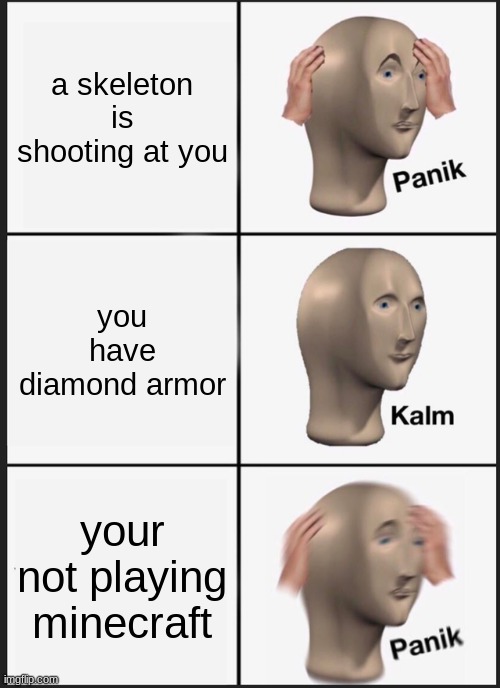 Panik Kalm Panik | a skeleton is shooting at you; you have diamond armor; your not playing minecraft | image tagged in memes,panik kalm panik | made w/ Imgflip meme maker