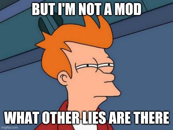 You said EVERYONE is a mod. | BUT I'M NOT A MOD; WHAT OTHER LIES ARE THERE | image tagged in memes,futurama fry | made w/ Imgflip meme maker