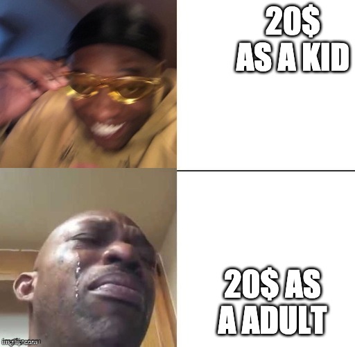 wearing sunglasses crying | 20$ AS A KID; 20$ AS A ADULT | image tagged in wearing sunglasses crying | made w/ Imgflip meme maker