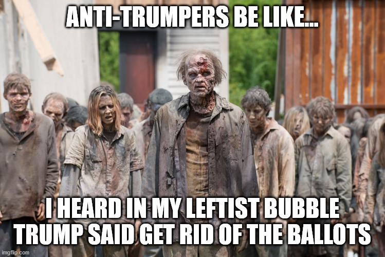 zombies | ANTI-TRUMPERS BE LIKE... I HEARD IN MY LEFTIST BUBBLE 
 TRUMP SAID GET RID OF THE BALLOTS | image tagged in zombies | made w/ Imgflip meme maker