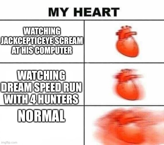 My heart blank | WATCHING JACKCEPTICEYE SCREAM AT HIS COMPUTER; WATCHING DREAM SPEED RUN WITH 4 HUNTERS; NORMAL | image tagged in my heart blank | made w/ Imgflip meme maker