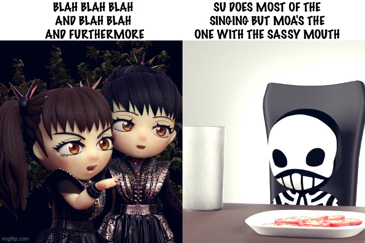 babymetal | BLAH BLAH BLAH 
AND BLAH BLAH 
AND FURTHERMORE; SU DOES MOST OF THE SINGING BUT MOA'S THE ONE WITH THE SASSY MOUTH | image tagged in babymetal,kobametal | made w/ Imgflip meme maker