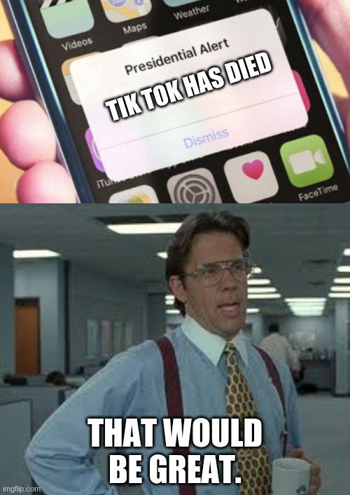 i wish | TIK TOK HAS DIED; THAT WOULD BE GREAT. | image tagged in memes,presidential alert,funny meme,dank | made w/ Imgflip meme maker