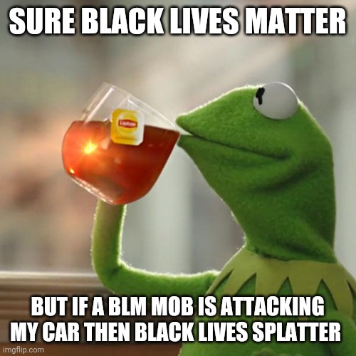 But That's None Of My Business | SURE BLACK LIVES MATTER; BUT IF A BLM MOB IS ATTACKING MY CAR THEN BLACK LIVES SPLATTER | image tagged in memes,but that's none of my business,kermit the frog | made w/ Imgflip meme maker