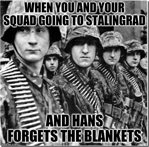 Me and the squad | WHEN YOU AND YOUR SQUAD GOING TO STALINGRAD; AND HANS FORGETS THE BLANKETS | image tagged in waffen ss | made w/ Imgflip meme maker