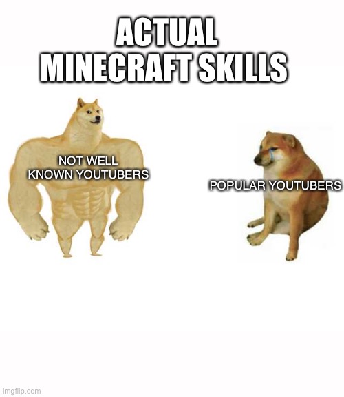 Buff Doge vs. Cheems | ACTUAL MINECRAFT SKILLS; NOT WELL KNOWN YOUTUBERS; POPULAR YOUTUBERS | image tagged in strong doge weak doge | made w/ Imgflip meme maker