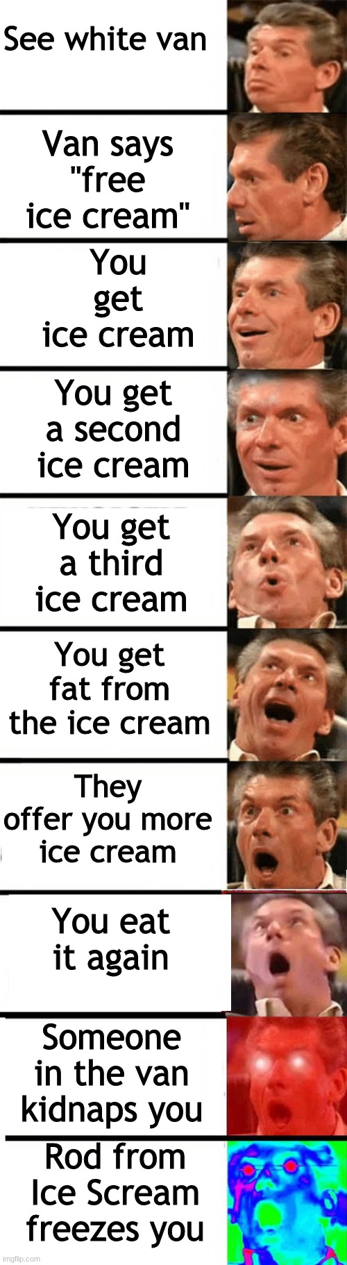 Vince McMahon | Van says "free ice cream"; See white van; You get ice cream; You get a second ice cream; You get a third ice cream; You get fat from the ice cream; They offer you more ice cream; You eat it again; Someone in the van kidnaps you; Rod from Ice Scream freezes you | image tagged in vince mcmahon | made w/ Imgflip meme maker