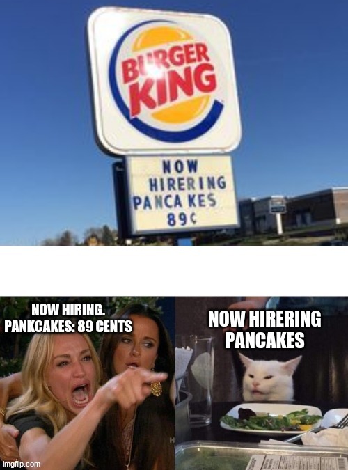 hirering pancakes | image tagged in woman yelling at cat,burger king | made w/ Imgflip meme maker