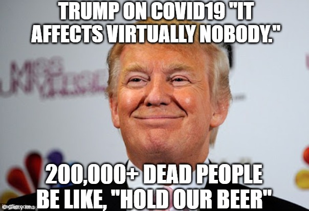 Trump covid19 | TRUMP ON COVID19 "IT AFFECTS VIRTUALLY NOBODY."; 200,000+ DEAD PEOPLE BE LIKE, "HOLD OUR BEER" | image tagged in donald trump approves | made w/ Imgflip meme maker