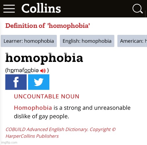 Is homophobe a “cretinous newspeak word”? HaprerCollins says... | image tagged in homophobia definition | made w/ Imgflip meme maker