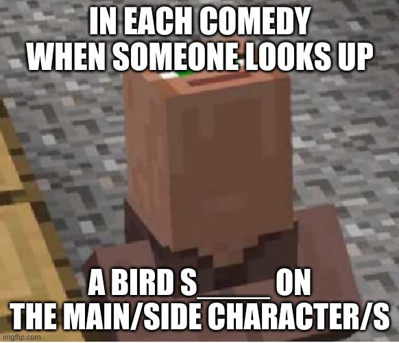 Was bored so here you go | IN EACH COMEDY WHEN SOMEONE LOOKS UP; A BIRD S____ ON THE MAIN/SIDE CHARACTER/S | image tagged in minecraft villager looking up | made w/ Imgflip meme maker