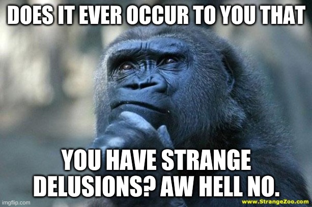 Deep Thoughts | DOES IT EVER OCCUR TO YOU THAT YOU HAVE STRANGE DELUSIONS? AW HELL NO. | image tagged in deep thoughts | made w/ Imgflip meme maker