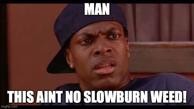 Smokey from Friday Chris Tucker | MAN; THIS AINT NO SLOWBURN WEED! | image tagged in smokey from friday chris tucker | made w/ Imgflip meme maker