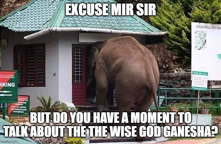 Elephant Missionary | EXCUSE MIR SIR; BUT DO YOU HAVE A MOMENT TO TALK ABOUT THE THE WISE GOD GANESHA? | image tagged in elephant,do you have a moment to talk about,animals,memes | made w/ Imgflip meme maker