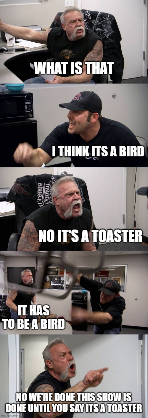 American Chopper Argument Meme | WHAT IS THAT; I THINK ITS A BIRD; NO IT'S A TOASTER; IT HAS TO BE A BIRD; NO WE'RE DONE THIS SHOW IS DONE UNTIL YOU SAY ITS A TOASTER | image tagged in memes,american chopper argument,toaster,birds | made w/ Imgflip meme maker