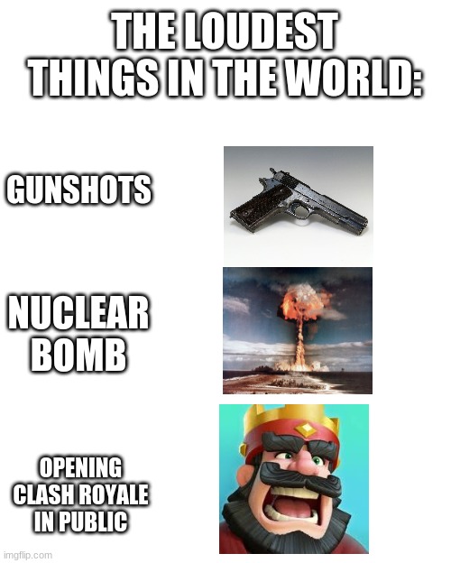 'Tis true | THE LOUDEST THINGS IN THE WORLD:; GUNSHOTS; NUCLEAR BOMB; OPENING CLASH ROYALE IN PUBLIC | image tagged in good memes,funny memes,funny,dank memes | made w/ Imgflip meme maker