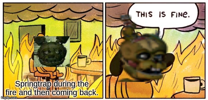 Springtrap during the fire | Springtrap during the fire and then coming back. | image tagged in memes | made w/ Imgflip meme maker