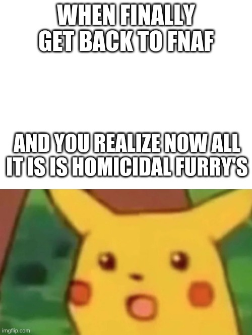 WHEN FINALLY GET BACK TO FNAF; AND YOU REALIZE NOW ALL IT IS IS HOMICIDAL FURRY'S | image tagged in blank white template | made w/ Imgflip meme maker