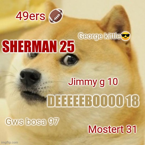 Doge | 49ers 🏈; SHERMAN 25; George kittle😎; Jimmy g 10; DEEEEEBOOOO 18; Gws bosa 97; Mostert 31 | image tagged in memes,doge,san francisco 49ers | made w/ Imgflip meme maker