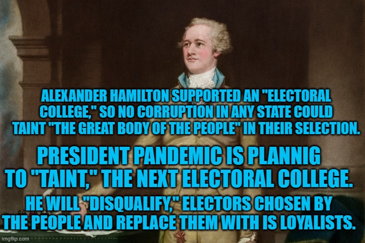 Putin's Pupil Is Planning A Purge | ALEXANDER HAMILTON SUPPORTED AN "ELECTORAL COLLEGE," SO NO CORRUPTION IN ANY STATE COULD TAINT "THE GREAT BODY OF THE PEOPLE" IN THEIR SELECTION. PRESIDENT PANDEMIC IS PLANNIG TO "TAINT," THE NEXT ELECTORAL COLLEGE. HE WILL "DISQUALIFY," ELECTORS CHOSEN BY THE PEOPLE AND REPLACE THEM WITH IS LOYALISTS. | image tagged in politics | made w/ Imgflip meme maker