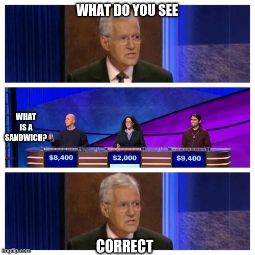 Jeopardy | WHAT DO YOU SEE WHAT IS A SANDWICH? CORRECT | image tagged in jeopardy | made w/ Imgflip meme maker