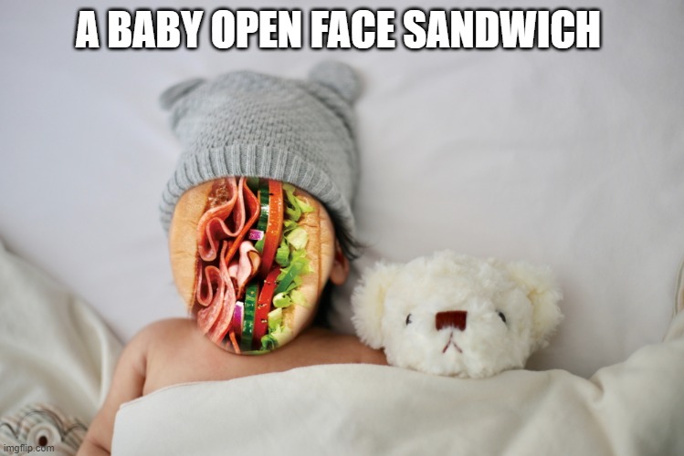 open face sandwich | A BABY OPEN FACE SANDWICH | image tagged in baby,sandwich | made w/ Imgflip meme maker