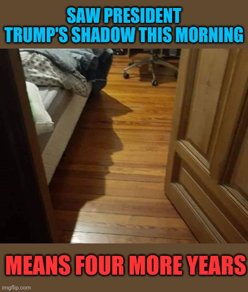 Trumphog Day | SAW PRESIDENT TRUMP'S SHADOW THIS MORNING; MEANS FOUR MORE YEARS | image tagged in donald trump,shadow,groundhog day,trump 2020 | made w/ Imgflip meme maker